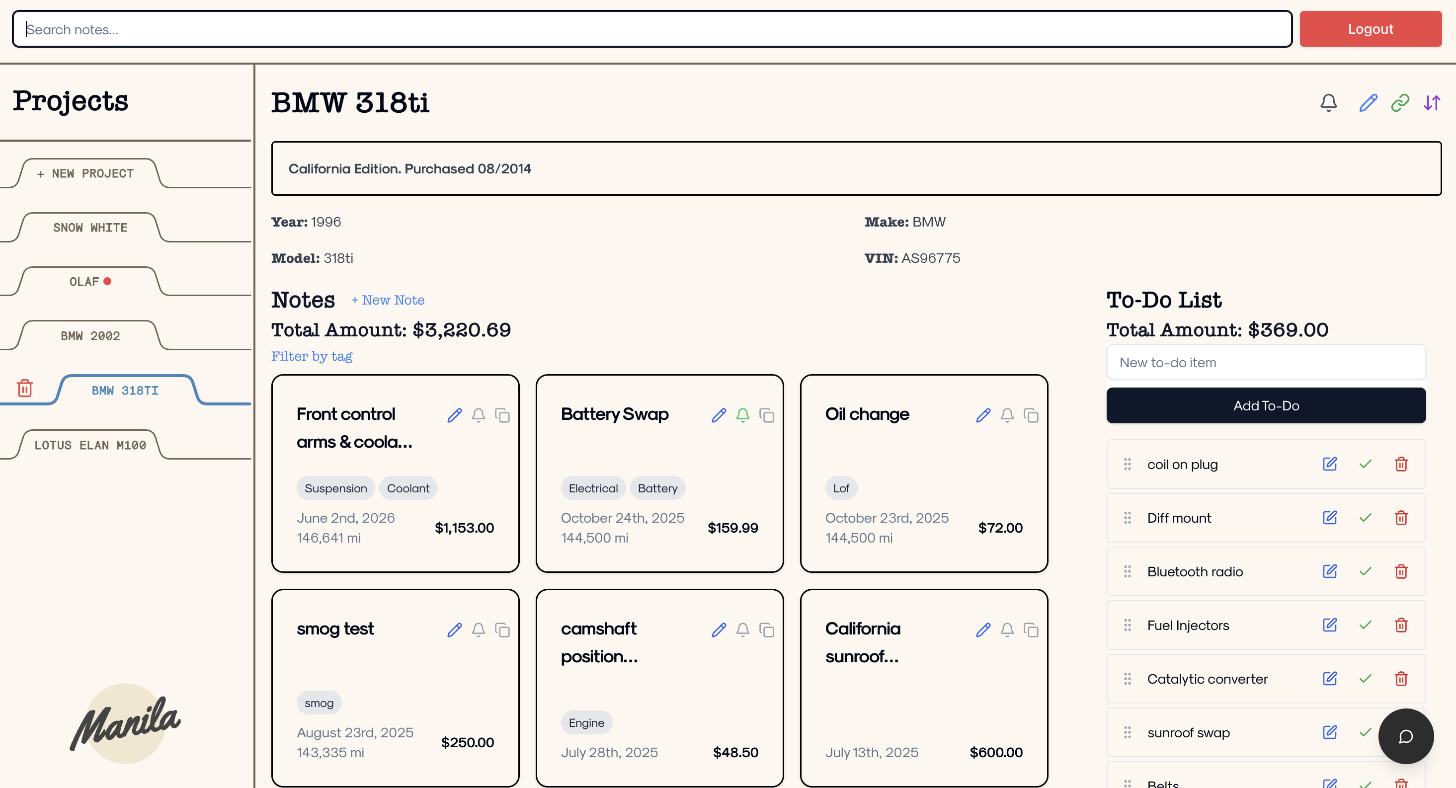 Manila dashboard showing vehicle projects and notes